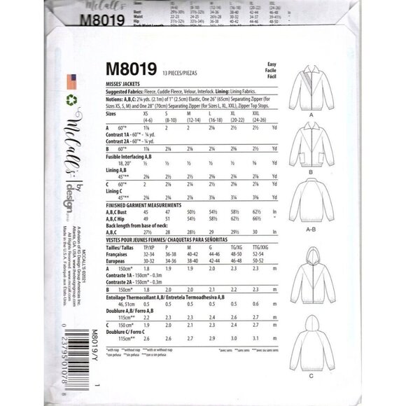 McCalls M8019 Misses L to XXL Easy Outerwear Jacket Uncut Sewing Pattern New - Picture 2 of 2